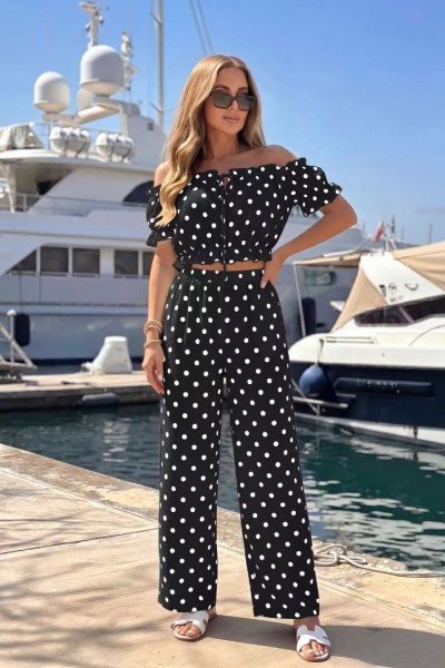 12898 Σετ πουά crop top με παντελόνα Μαύρο