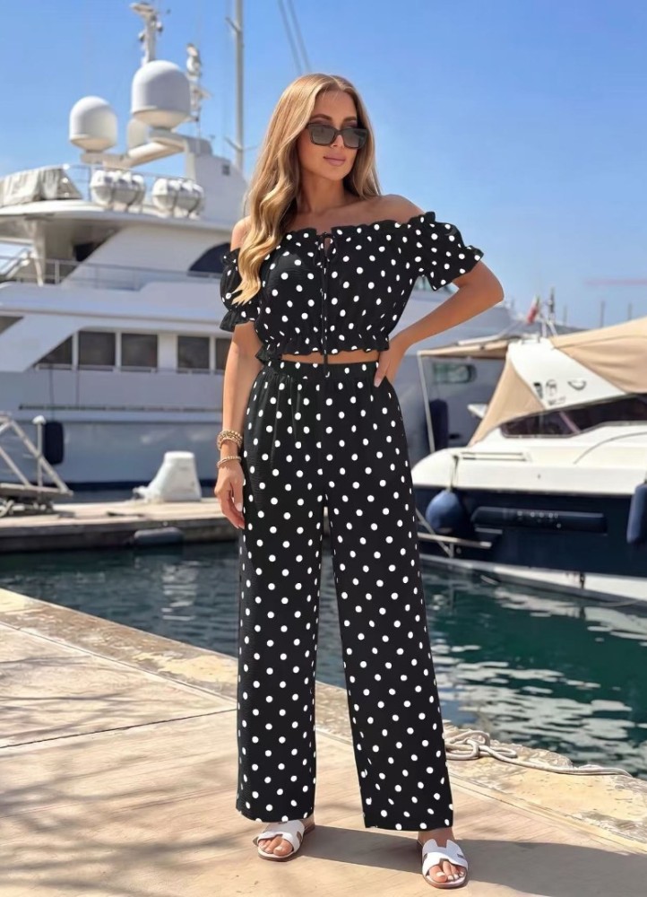 12898 Σετ πουά crop top με παντελόνα Μαύρο
