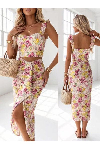12890 Σετ φούστα με crop top σε διάφορα ντεσέν Μπεζ