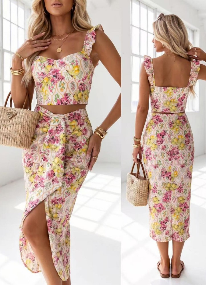12890 Σετ φούστα με crop top σε διάφορα ντεσέν Μπεζ