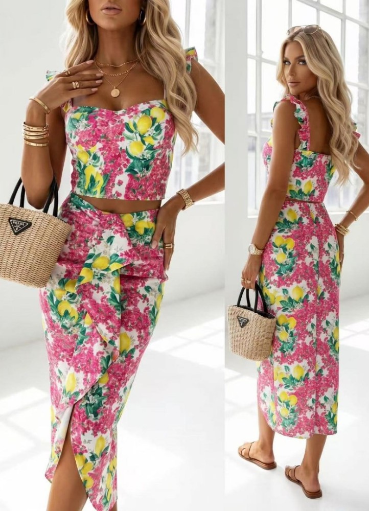 12890 Σετ φούστα με crop top σε διάφορα ντεσέν Φούξια
