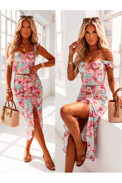 12890 Σετ φούστα με crop top σε διάφορα ντεσέν Γαλάζιο
