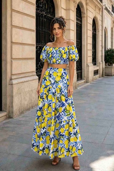 12886 Σετ φούστα με crop top  Κίτρινο