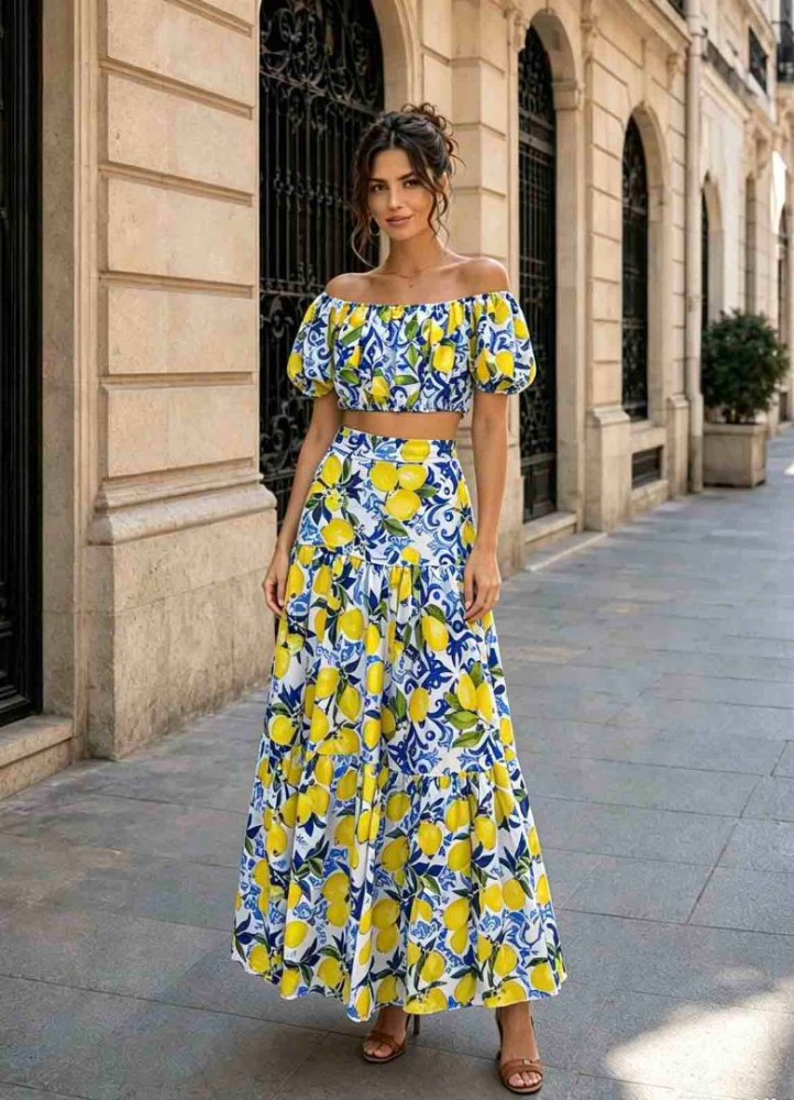 12886 Σετ φούστα με crop top  Κίτρινο