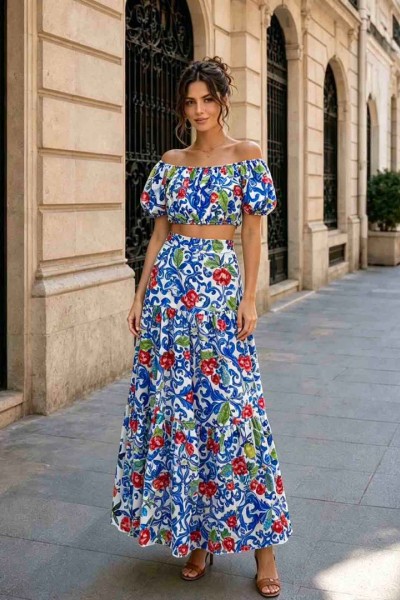 12886 Σετ φούστα με crop top  Μπλε