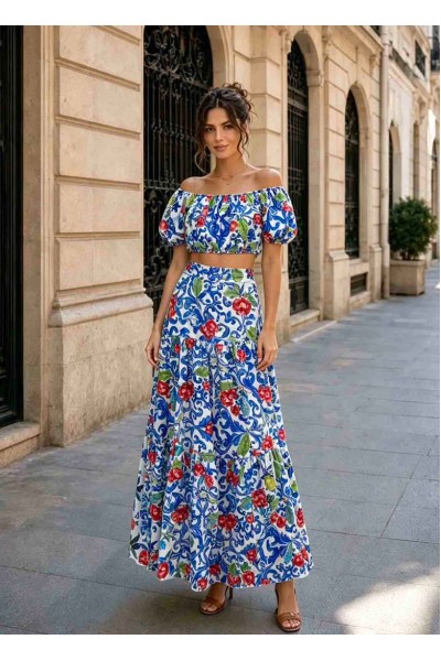 12886 Σετ φούστα με crop top  Μπλε