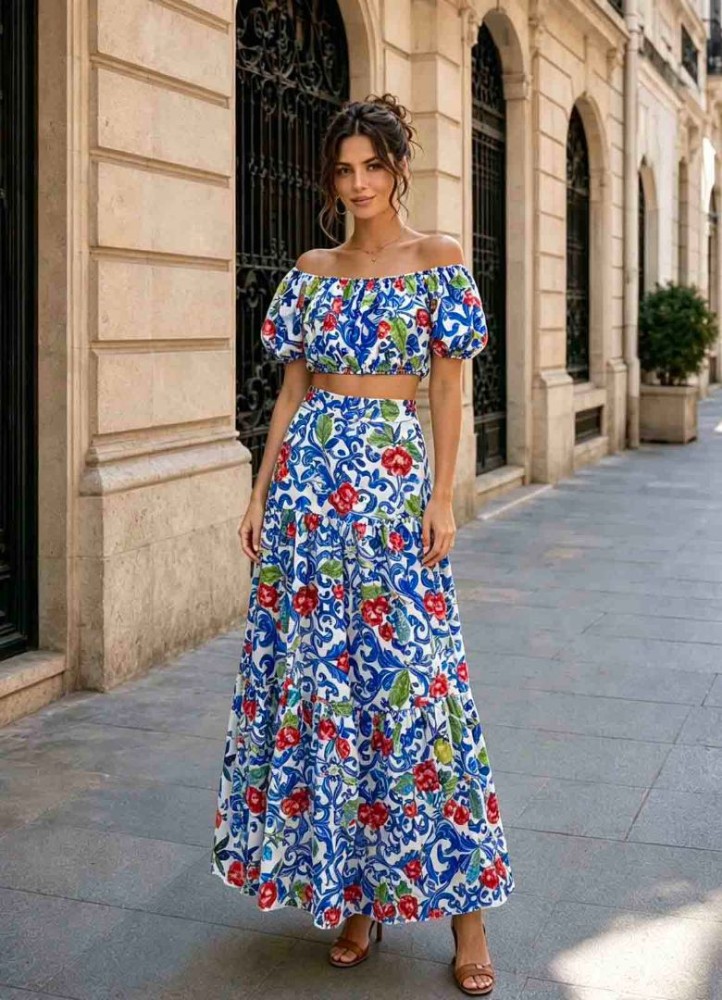12886 Σετ φούστα με crop top  Μπλε