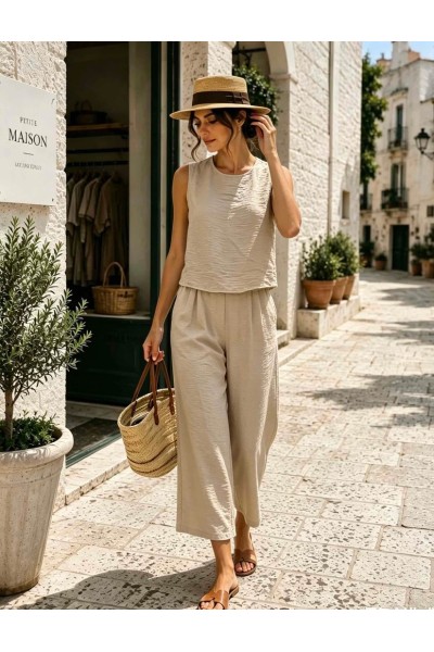 12880 Σετ Top + Ζιπ Κιλότ Μπεζ