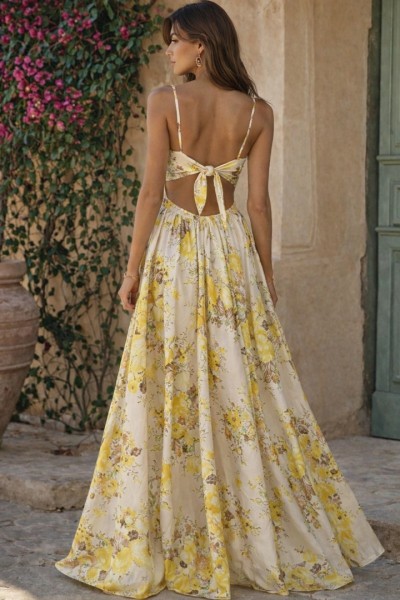 0225 Φόρεμα Maxi Floral Κίτρινο-μπεζ