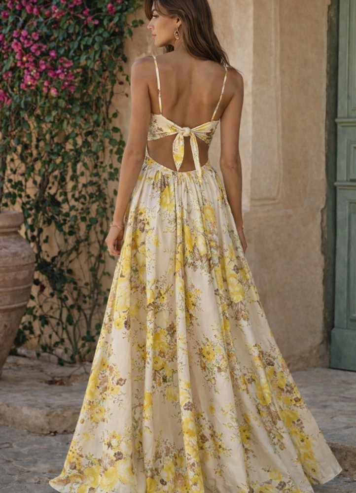 0225 Φόρεμα Maxi Floral Κίτρινο-μπεζ