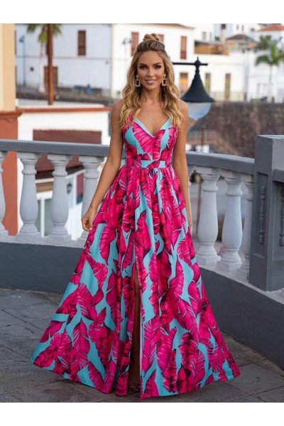 0225  Φόρεμα Maxi Leafs Φούξια