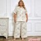  12879 Σετ πουκάμισο με παντελόνι με λουλούδια plus size Λευκό