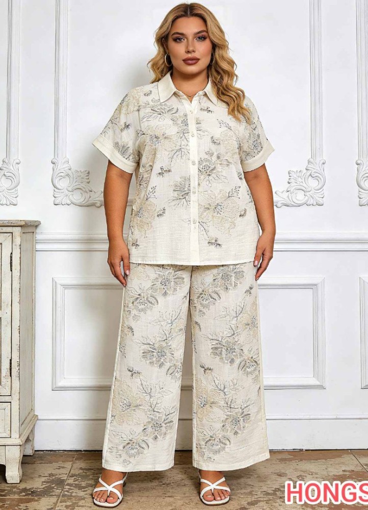  12879 Σετ πουκάμισο με παντελόνι με λουλούδια plus size Λευκό