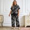  12879 Σετ πουκάμισο με παντελόνι με λουλούδια plus size Μαύρο