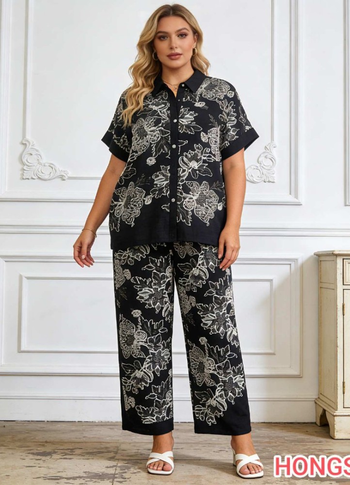  12879 Σετ πουκάμισο με παντελόνι με λουλούδια plus size Μαύρο