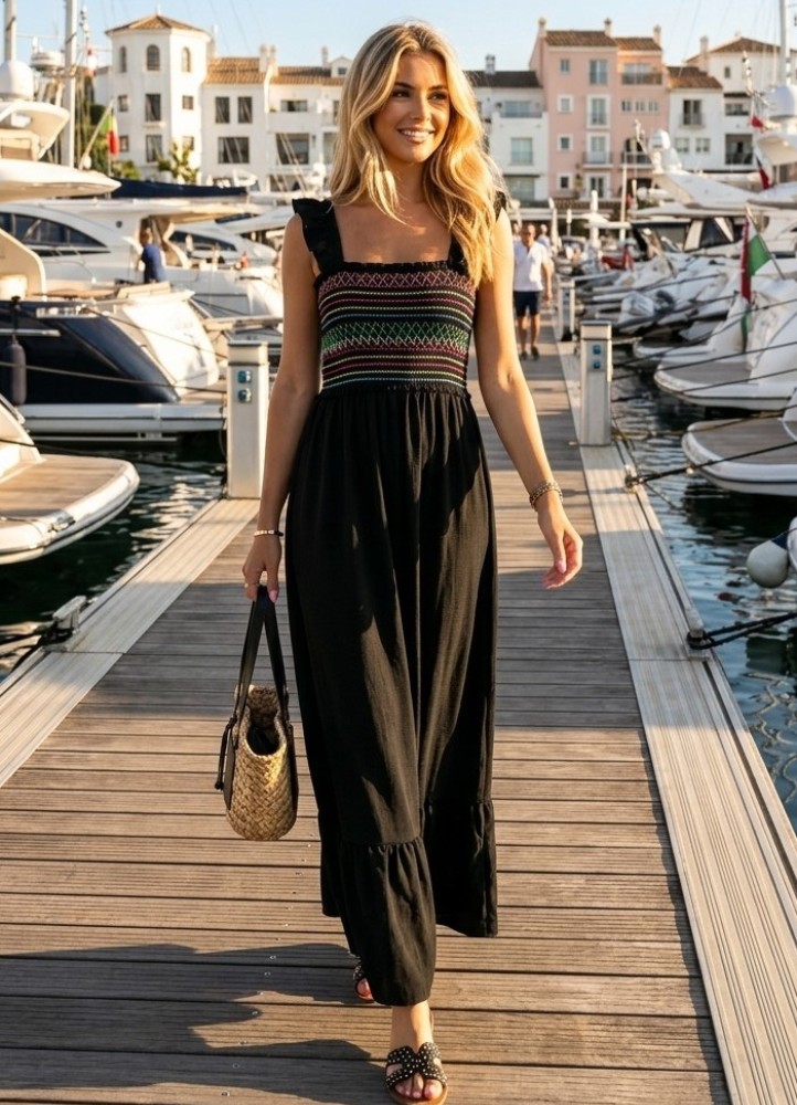 0222 Μάξι φόρεμα boho με βολάν στις τιράντες  Μαύρο