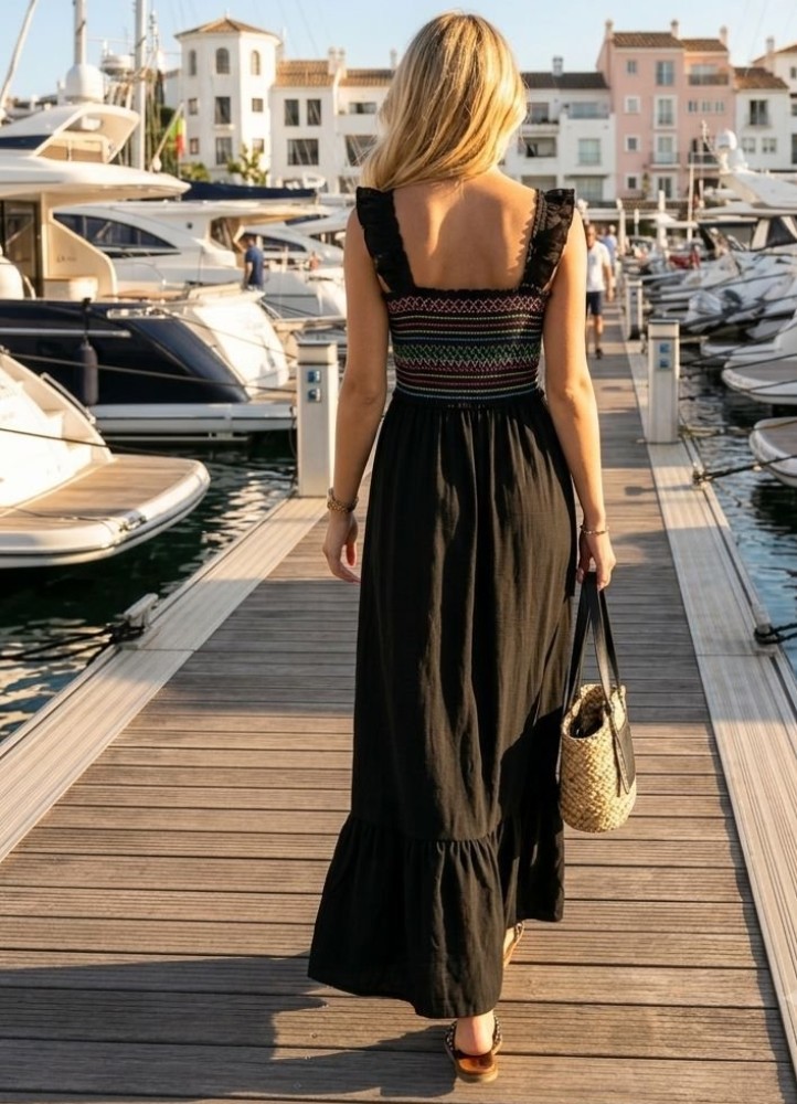 0222 Μάξι φόρεμα boho με βολάν στις τιράντες  Μαύρο