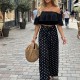 12902 Σετ εμπριμέ παντελόνα με τοπ έξωμο Πουά Μαύρο