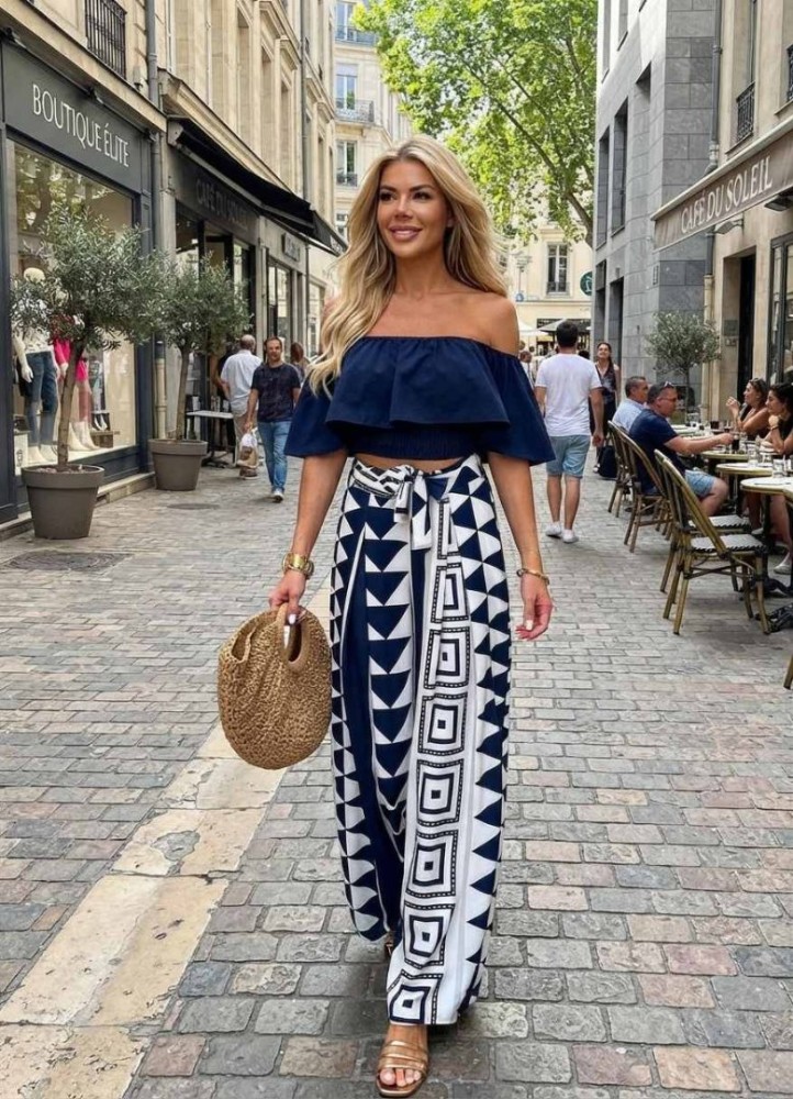 12902 Σετ εμπριμέ παντελόνα με τοπ έξωμο Μπλε