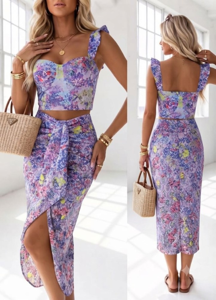 12890 Σετ φούστα με crop top σε διάφορα ντεσέν Λιλά