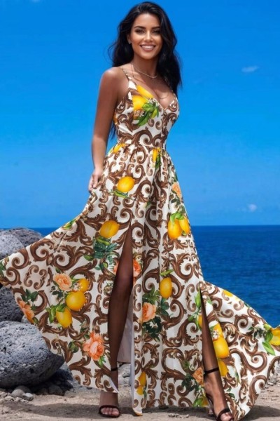 0225  Φόρεμα Maxi Leafs Καφέ Lemons