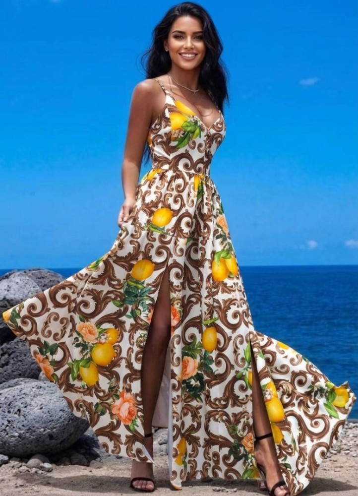0225  Φόρεμα Maxi Leafs Καφέ Lemons