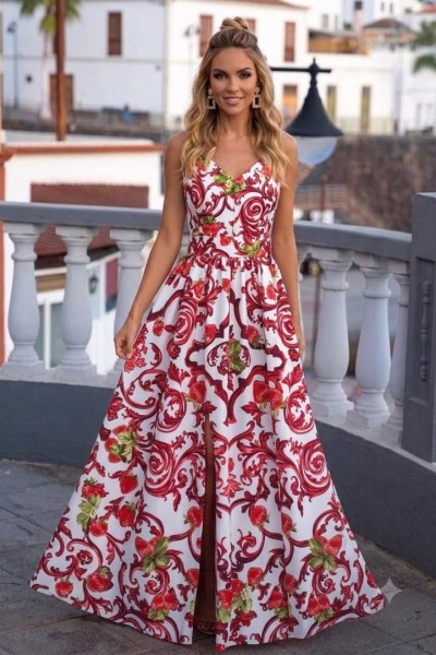 0225 Φόρεμα Maxi Leafs Κόκκινη Φράουλα