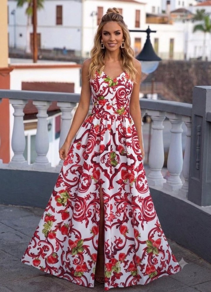 0225 Φόρεμα Maxi Leafs Κόκκινη Φράουλα