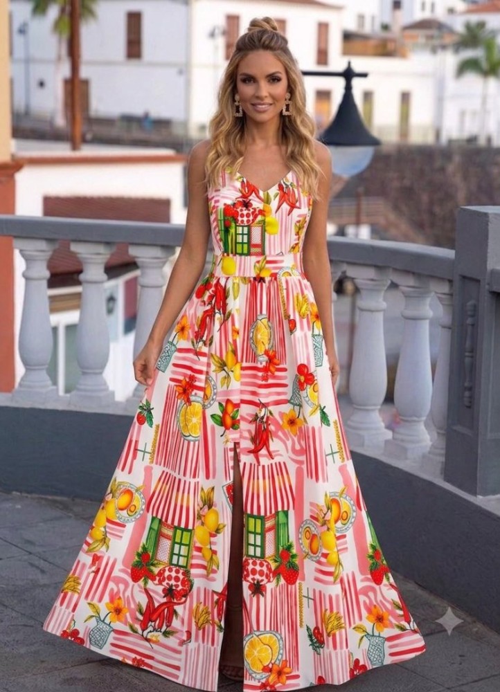 0225 Φόρεμα Maxi Leafs Ροζ Lemonade