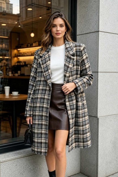 21380 Παλτό Πλεκτό plaid pattern Καφέ