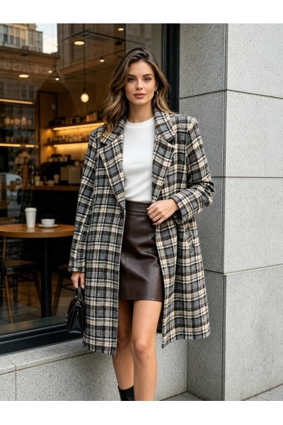 21380 Παλτό Πλεκτό plaid pattern Καφέ