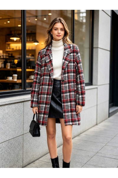 21380 Παλτό Πλεκτό plaid pattern Κόκκινο