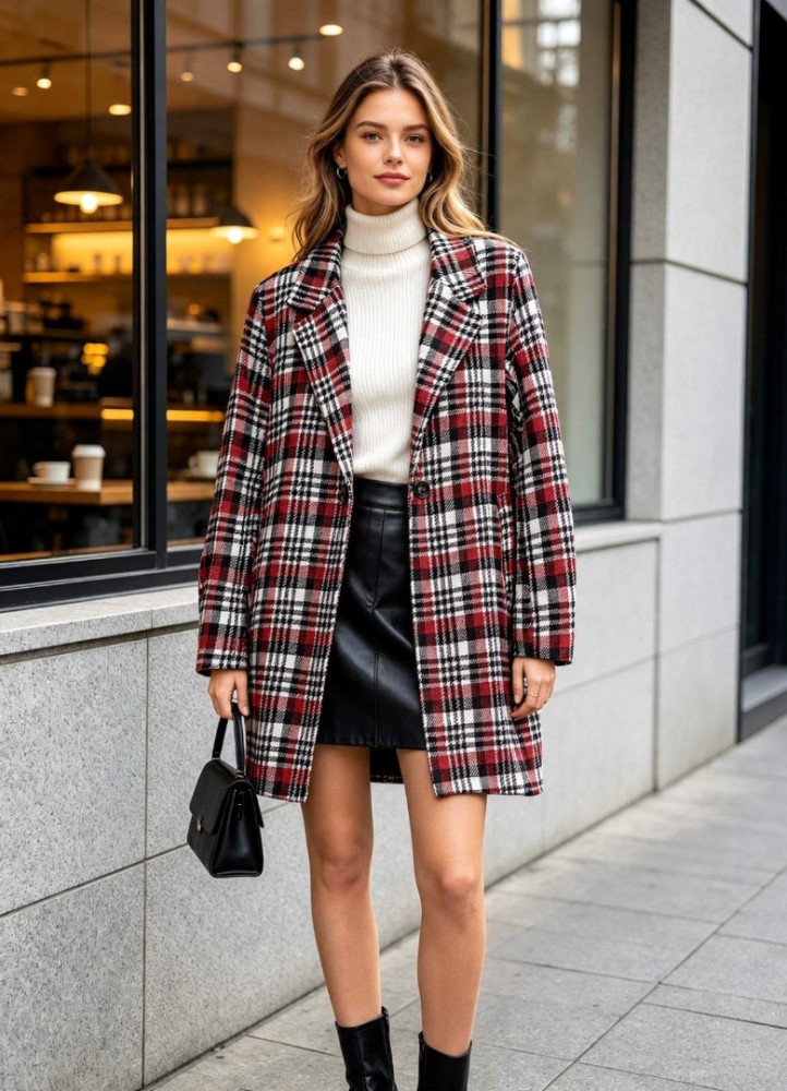 21380 Παλτό Πλεκτό plaid pattern Κόκκινο