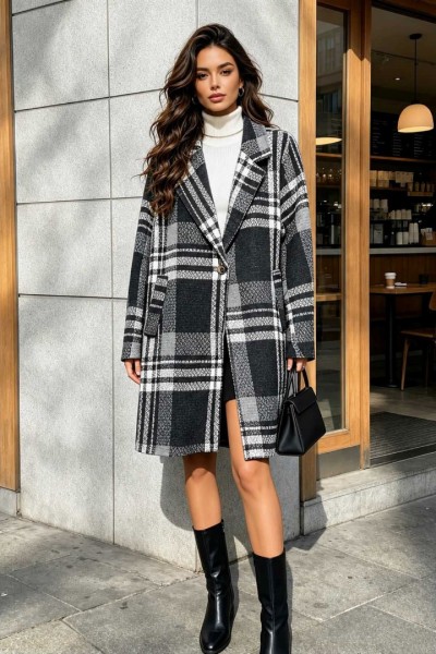 21380 Παλτό Πλεκτό plaid pattern Μαύρο