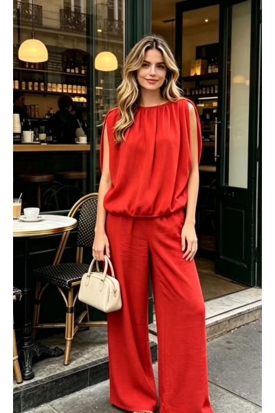 12884 Σετ παντελόνι και μπλούζα Wide Style Κόκκινο