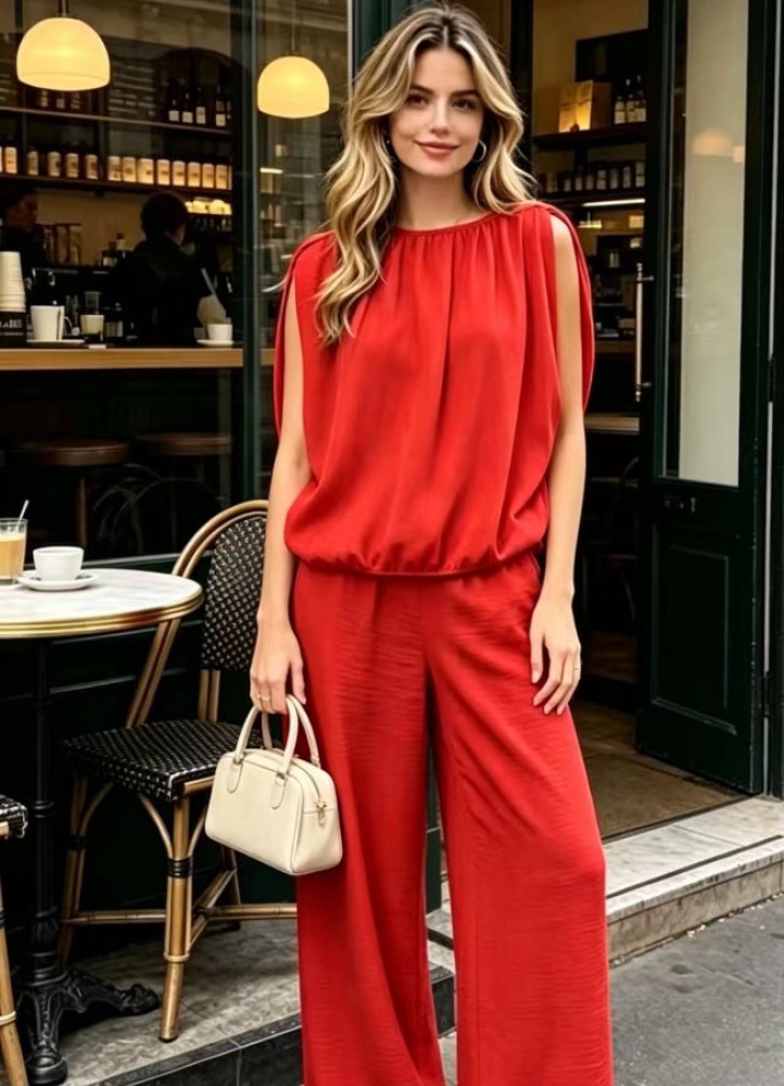 12884 Σετ παντελόνι και μπλούζα Wide Style Κόκκινο