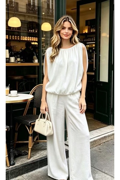 12884 Σετ παντελόνι και μπλούζα Wide Style Λευκό