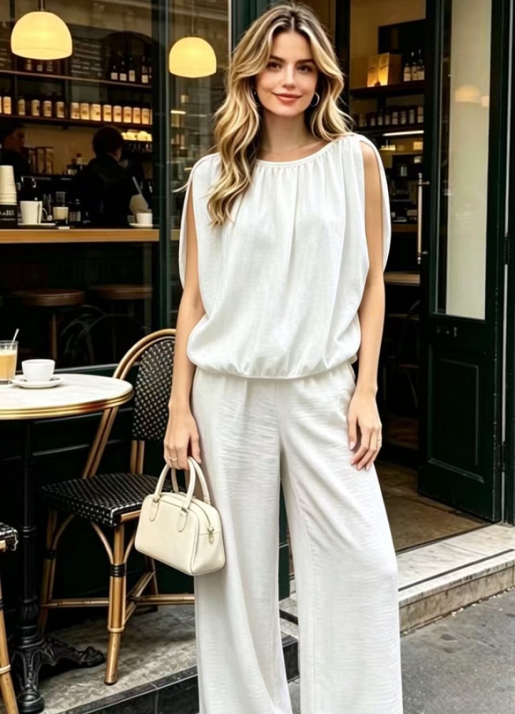 12884 Σετ παντελόνι και μπλούζα Wide Style Λευκό