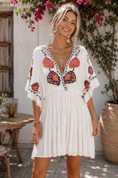 0211 Μίνι φόρεμα Summer Boho Λευκό-red Flowers