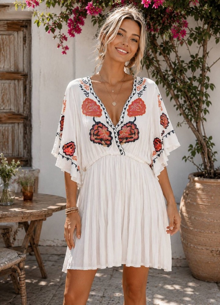 0201 Μίνι φόρεμα Summer Boho Λευκό-red Flowers