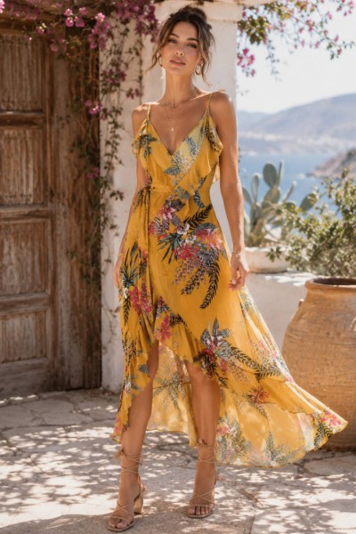 0200 Μάξι φόρεμα floral krouaze c-throuh Κίτρινο