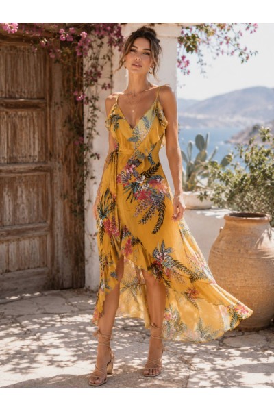 0200 Μάξι φόρεμα floral krouaze c-throuh Κίτρινο