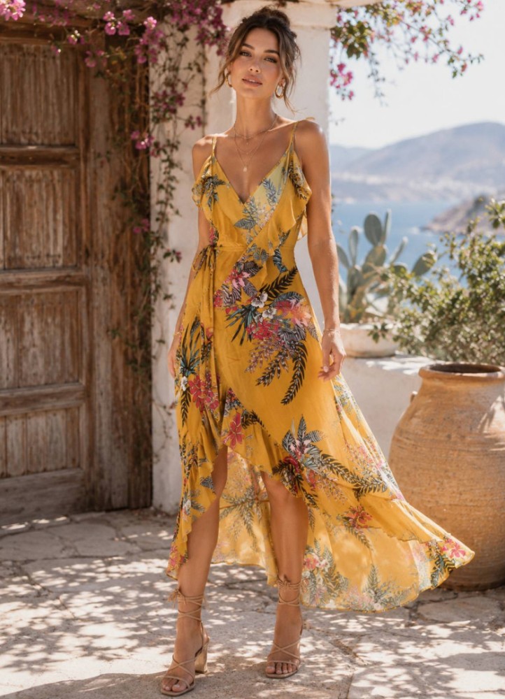 0200 Μάξι φόρεμα floral krouaze Κίτρινο