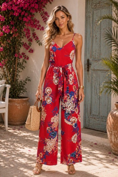 1630 Ολόσωμη φόρμα Full  Floral Κόκκινο