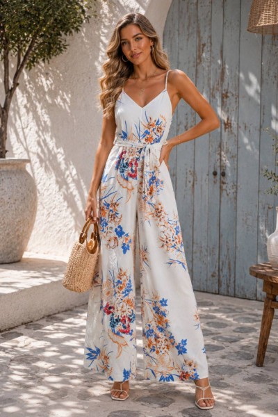 1630 Ολόσωμη φόρμα Full  Floral Λευκό