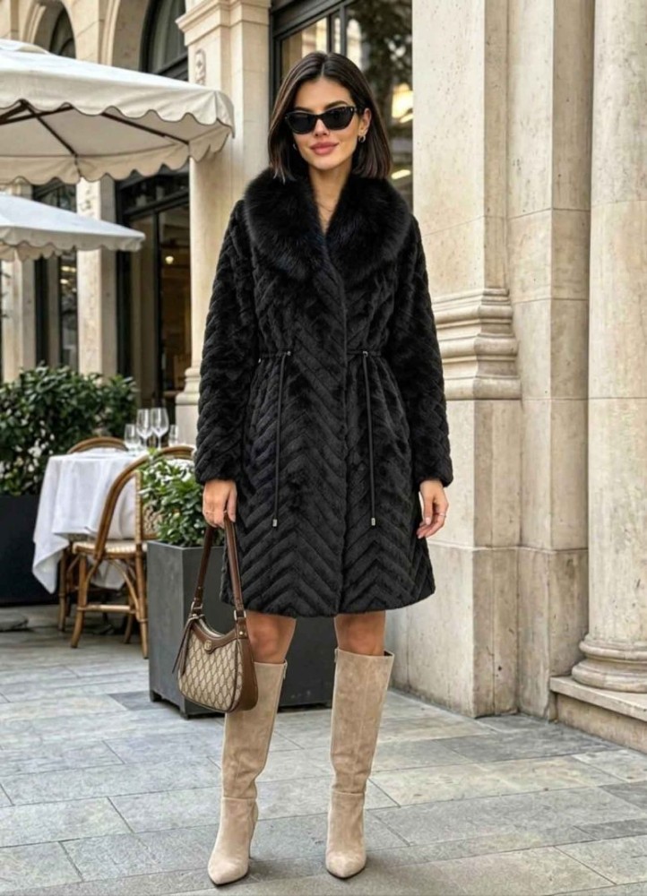 21374 Γούνα με κορδόνι στη μέση Mαύρο