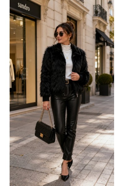 21332 Γούνα  Jacket short Style Mαύρο