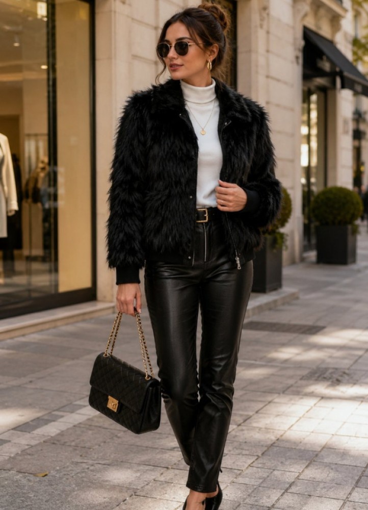21332 Γούνα  Jacket short Style Mαύρο