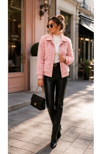 21332 Γούνα  Jacket short Style Ροζ