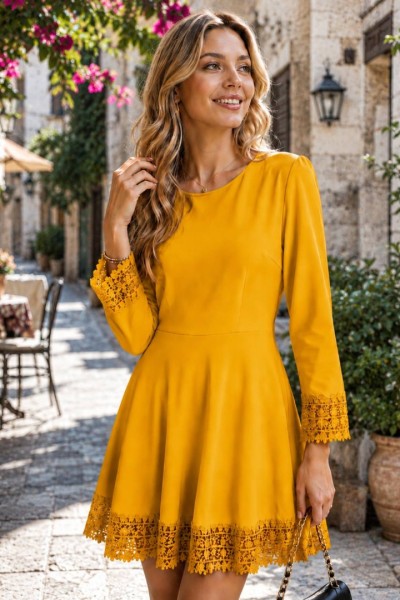 0196 Μίνι φόρεμα Classic Lace Μουσταρδί